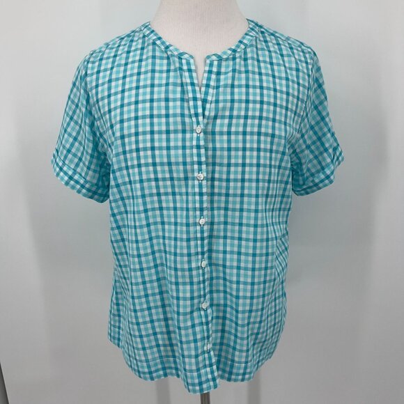 L.L. Bean Womens Button-Front Short Sleeve Plaid Shirt XL Blue & White Checkered - Picture 2 of 6
